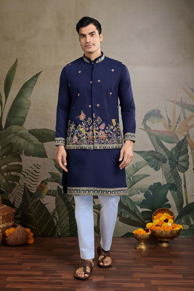 Men's Navy Blue Sequin with Embroidered Cotton Kurta with Jacket (ACZ6636)