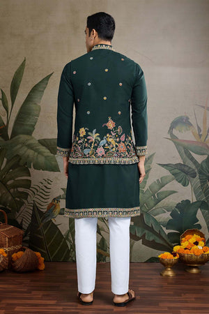 Men's Green Sequin with Embroidered Cotton Kurta with Jacket (ACZ6637)