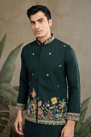 Men's Green Sequin with Embroidered Cotton Kurta with Jacket (ACZ6637)
