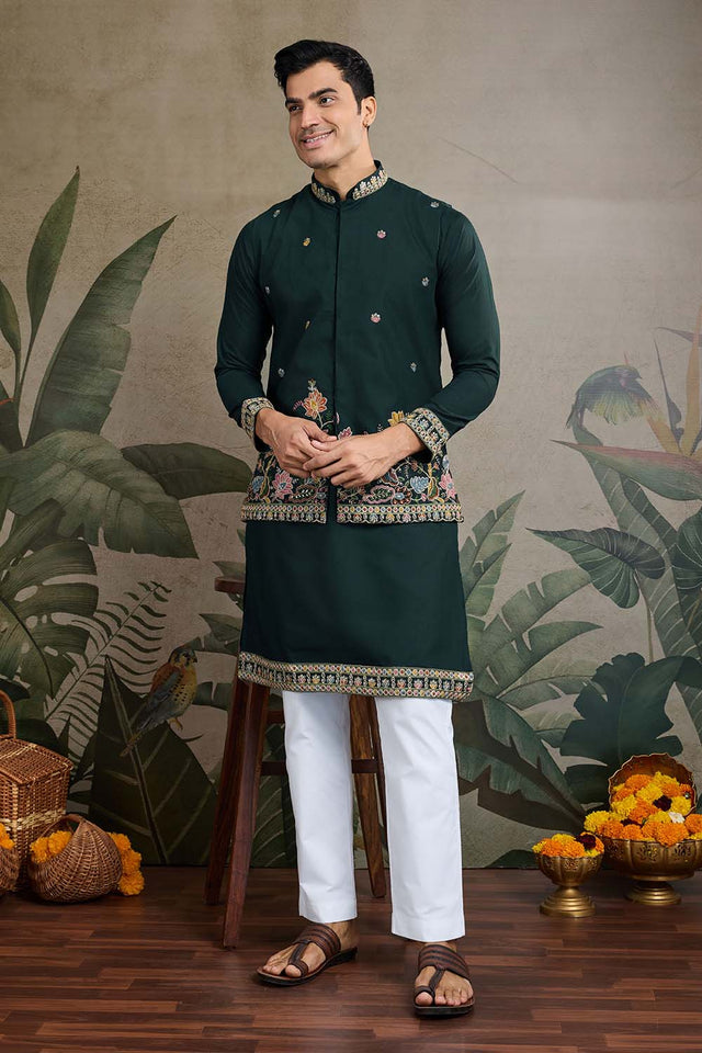 Men's Green Sequin with Embroidered Cotton Kurta with Jacket (ACZ6637)