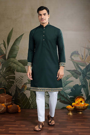 Men's Green Sequin with Embroidered Cotton Kurta with Jacket (ACZ6637)