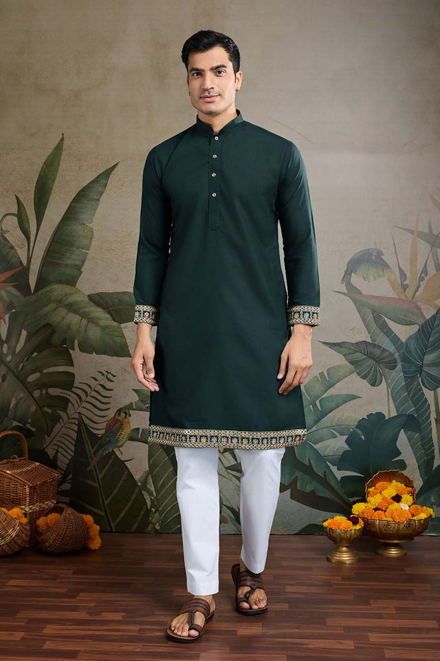 Men's Green Sequin with Embroidered Cotton Kurta with Jacket (ACZ6637)