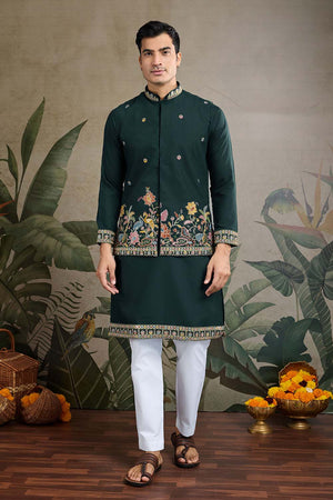 Men's Green Sequin with Embroidered Cotton Kurta with Jacket (ACZ6637)