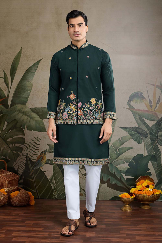 Men's Green Sequin with Embroidered Cotton Kurta with Jacket (ACZ6637)