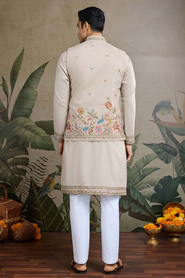 Men's Grey Sequin with Embroidered Cotton Kurta with Jacket (ACZ6638)