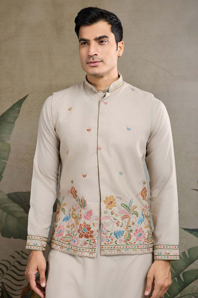 Men's Grey Sequin with Embroidered Cotton Kurta with Jacket (ACZ6638)