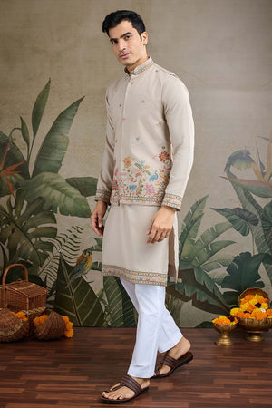 Men's Grey Sequin with Embroidered Cotton Kurta with Jacket (ACZ6638)