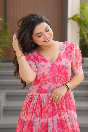 Pink Floral Printed Georgette Gown (ACZ6642)