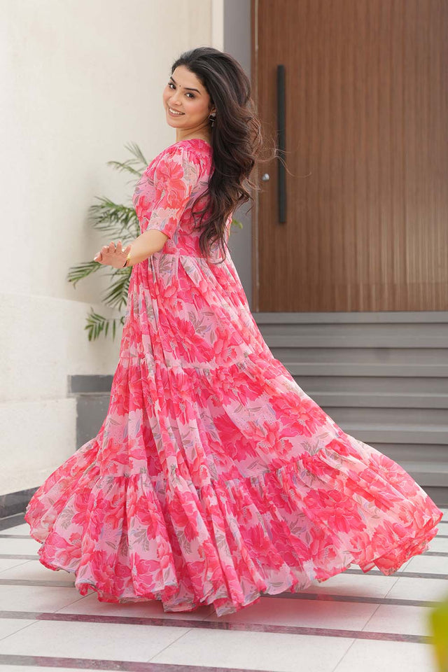 Pink Floral Printed Georgette Gown (ACZ6642)