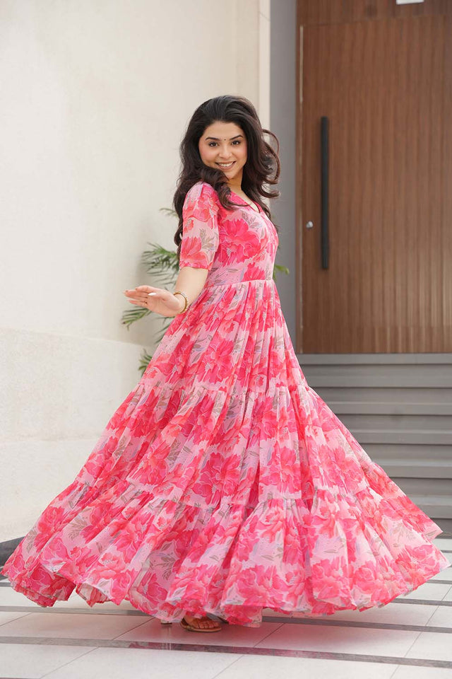 Pink Floral Printed Georgette Gown (ACZ6642)