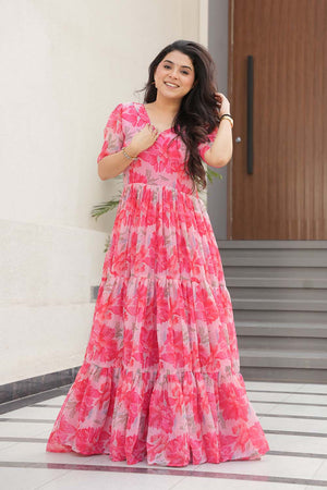Pink Floral Printed Georgette Gown (ACZ6642)