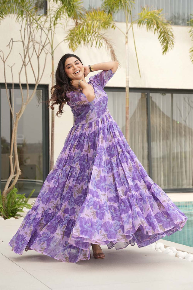Purple Floral Printed Georgette Gown