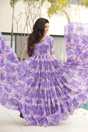 Purple Floral Printed Georgette Gown
