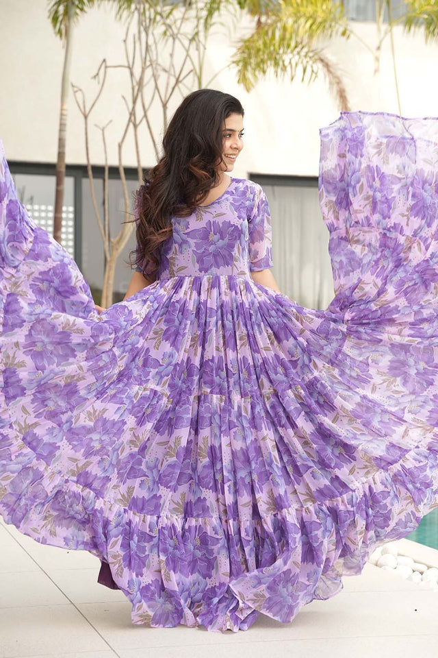 Purple Floral Printed Georgette Gown