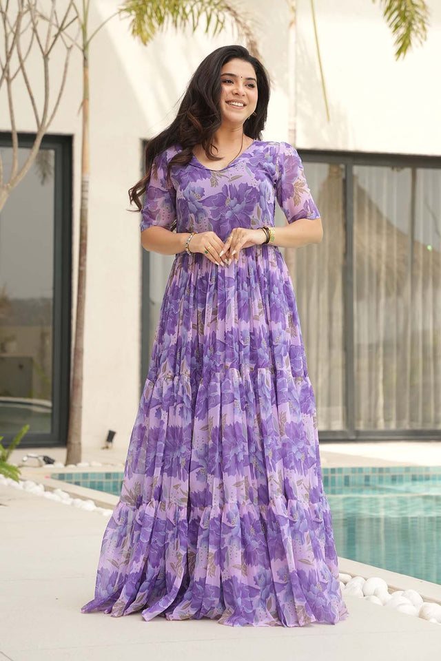 Purple Floral Printed Georgette Gown