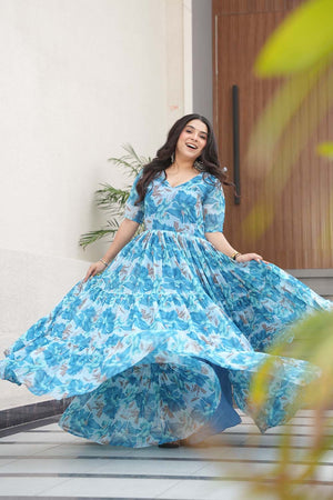 Sky Blue Floral Printed Georgette Gown (ACZ6644)
