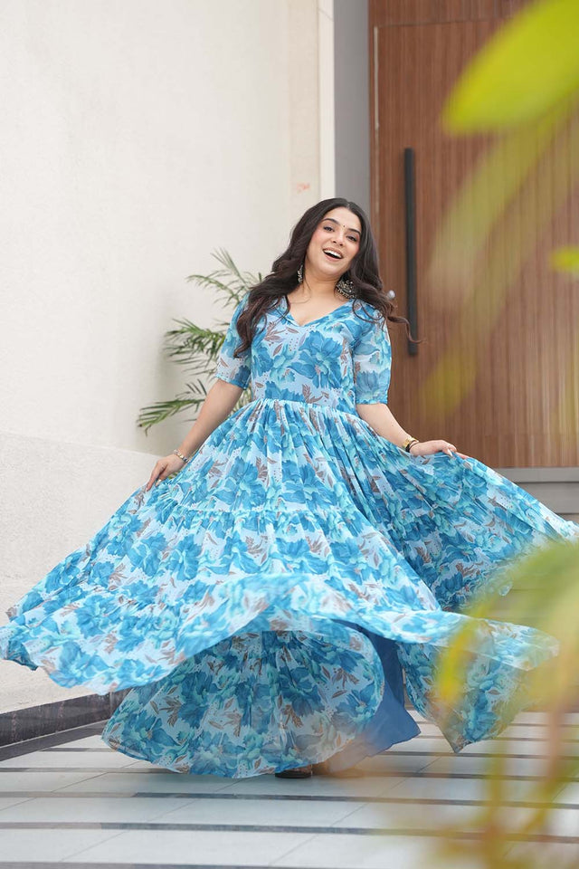 Sky Blue Floral Printed Georgette Gown (ACZ6644)