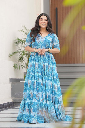 Sky Blue Floral Printed Georgette Gown (ACZ6644)