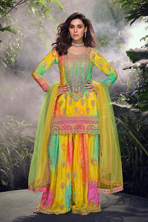 Yellow Zari with Sequin Chinon Palazzo Suit Set (ACZ6660)