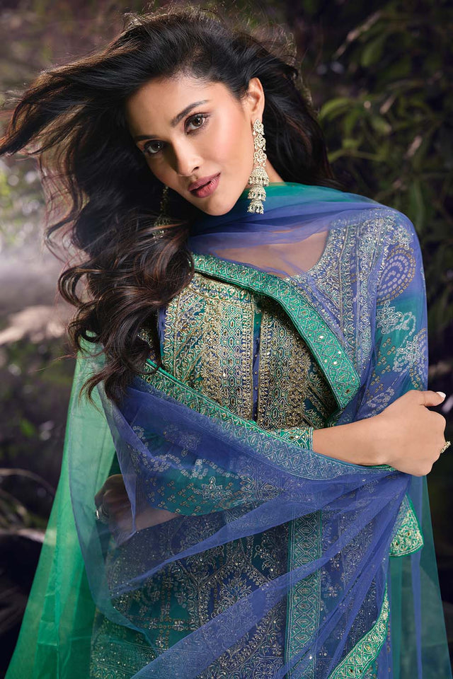 Green Zari with Sequin Chinon Palazzo Suit Set (ACZ6662)
