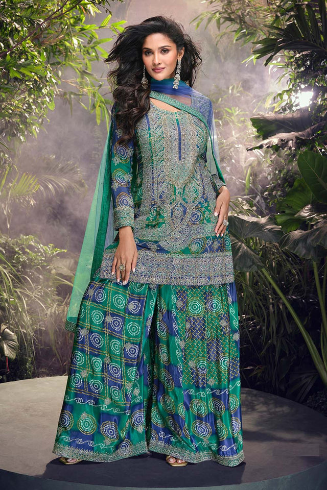Green Zari with Sequin Chinon Palazzo Suit Set (ACZ6662)