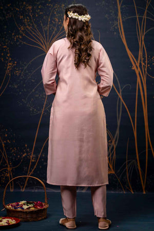 Light Pink Embroidered Silk  Straight Cut Suit Set