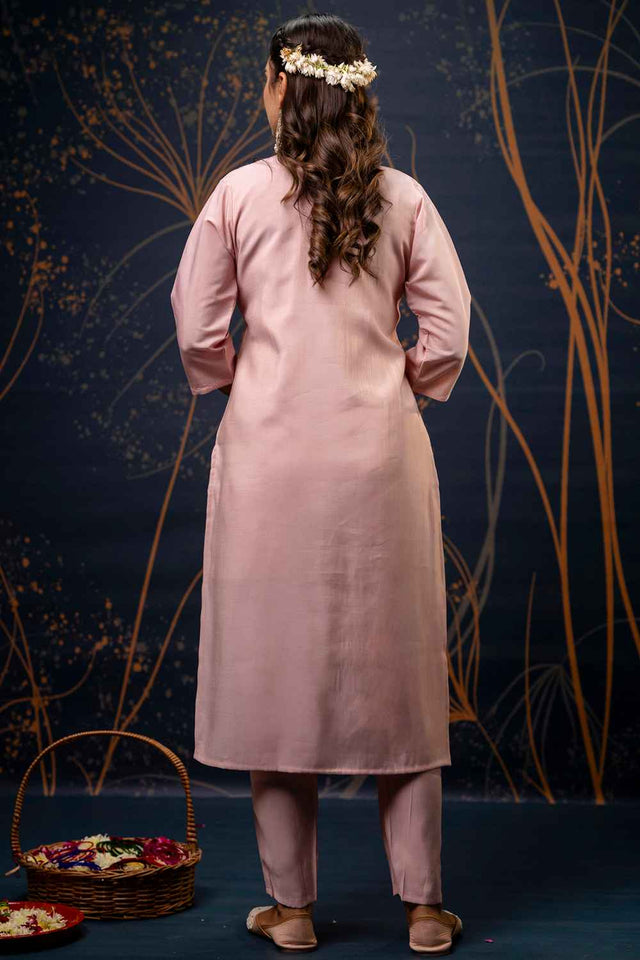 Light Pink Embroidered Silk  Straight Cut Suit Set
