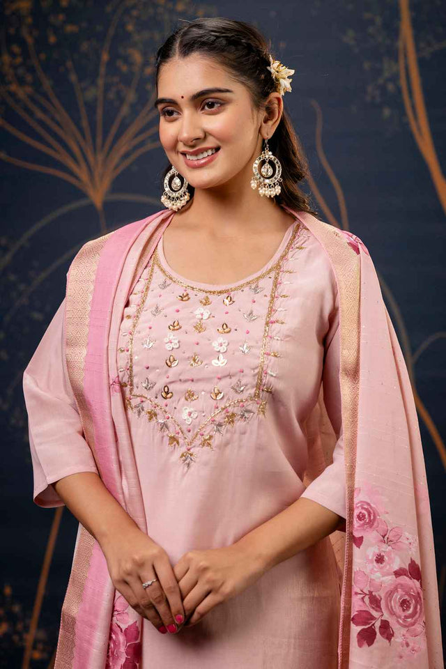 Light Pink Embroidered Silk  Straight Cut Suit Set