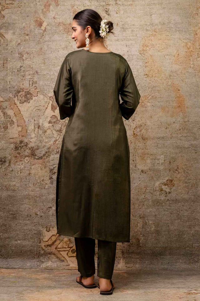 Green Embroidered Silk  Straight Cut Suit Set