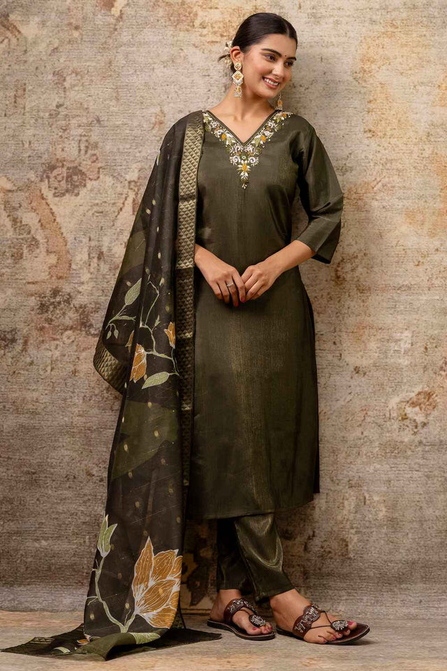 Green Embroidered Silk  Straight Cut Suit Set