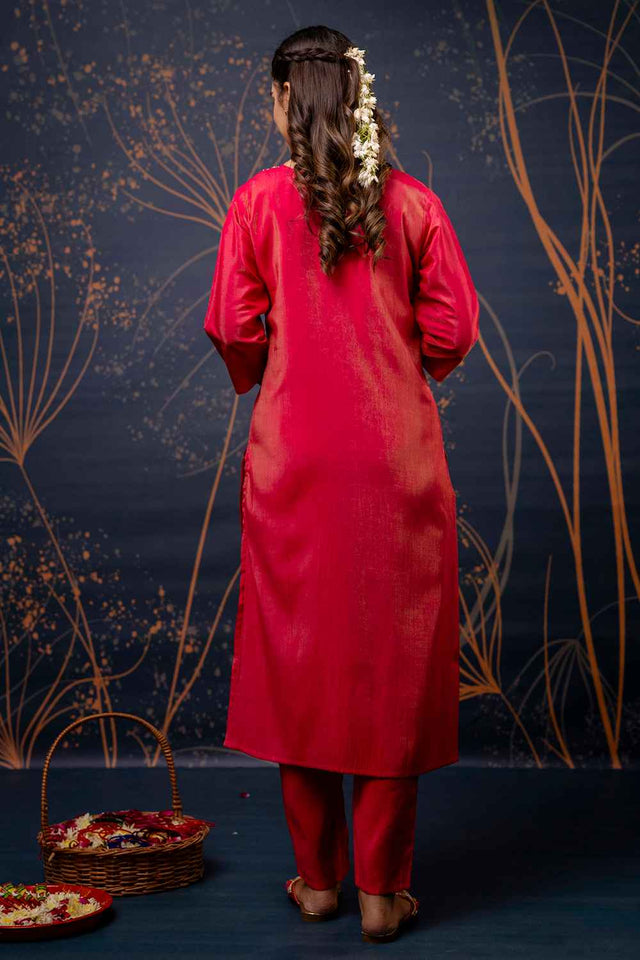 Pink Embroidered Silk  Straight Cut Suit Set