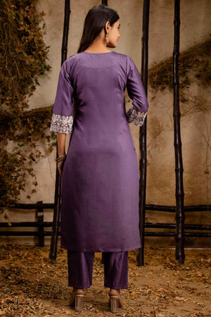 Lavender Embroidered Silk Straight Cut Suit Set