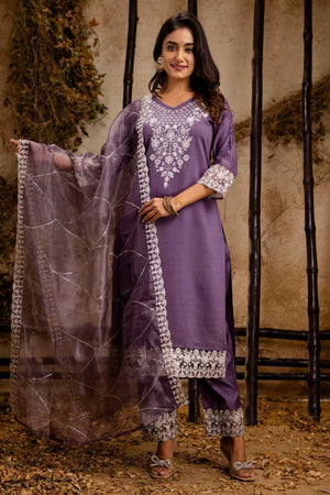 Lavender Embroidered Silk Straight Cut Suit Set
