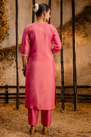 Peach Embroidered Silk Straight Cut Suit Set