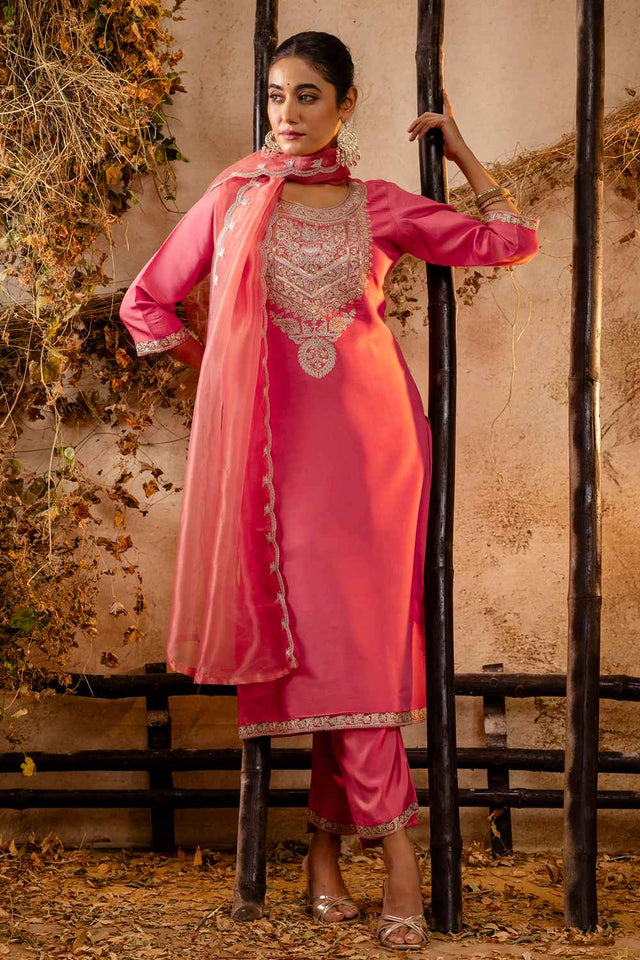 Peach Embroidered Silk Straight Cut Suit Set