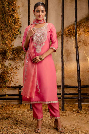 Peach Embroidered Silk Straight Cut Suit Set