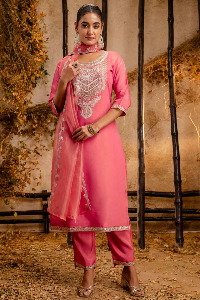 Peach Embroidered Silk Straight Cut Suit Set