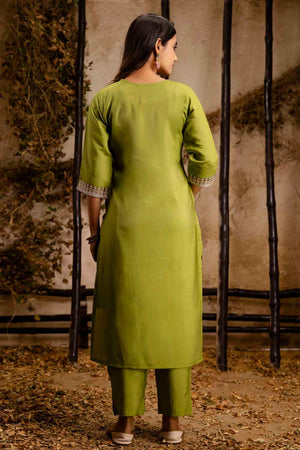 Green Embroidered Silk Straight Cut Suit Set