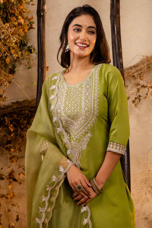Green Embroidered Silk Straight Cut Suit Set