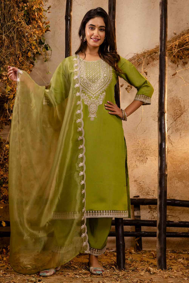 Green Embroidered Silk Straight Cut Suit Set