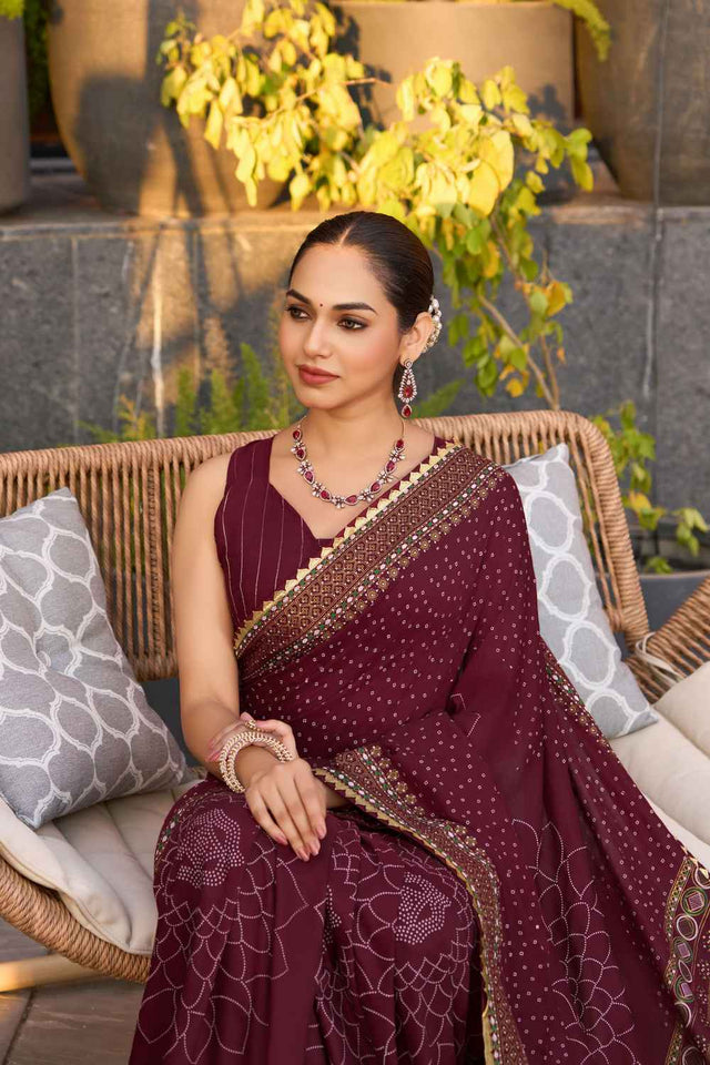 Wine Sequin with Embroidered Cotton Saree (ACZ6935)