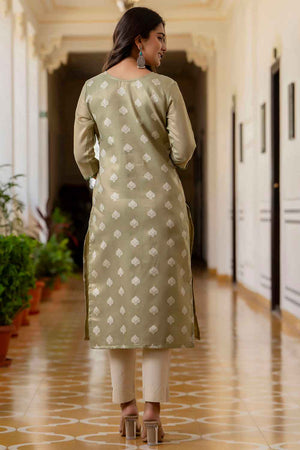 Green Embroidered Silk Straight Kurtis