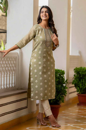 Green Embroidered Silk Straight Kurtis