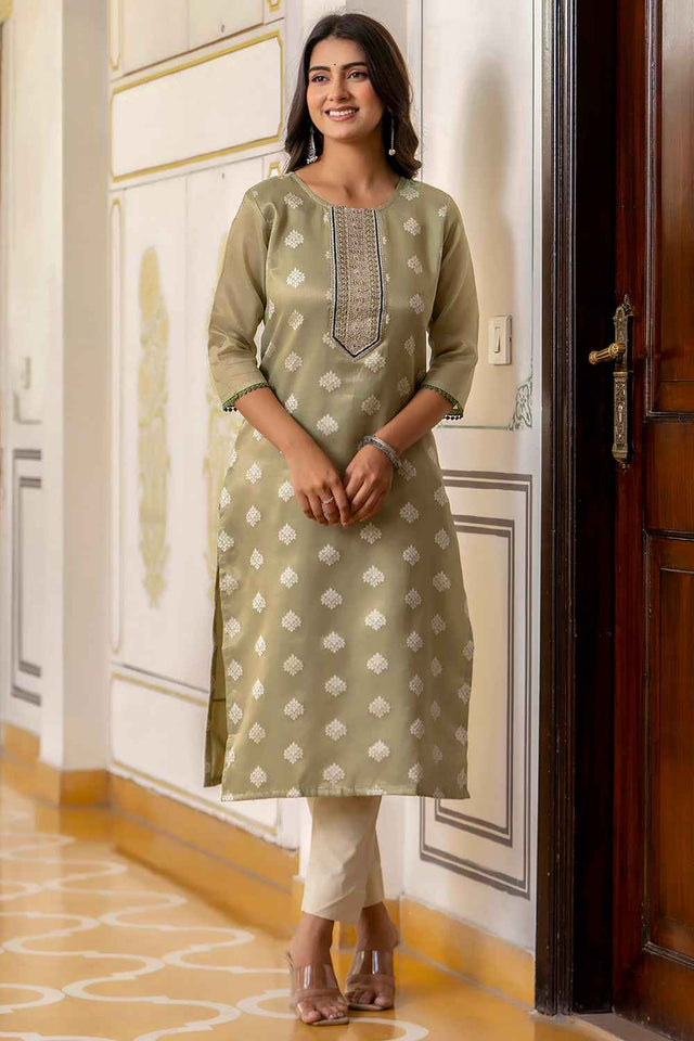 Green Embroidered Silk Straight Kurtis