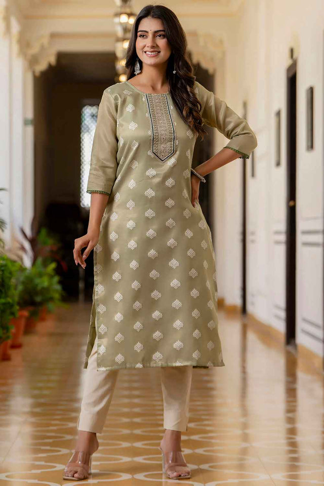 Green Embroidered Silk Straight Kurtis