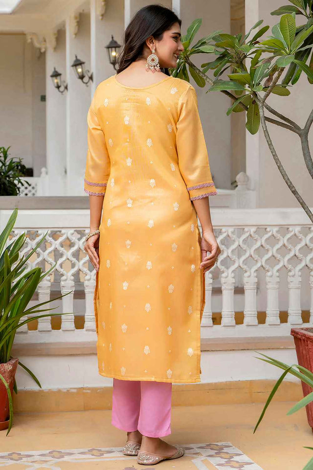Yellow Embroidered Silk Straight Kurtis