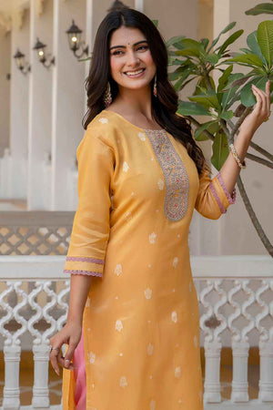 Yellow Embroidered Silk Straight Kurtis