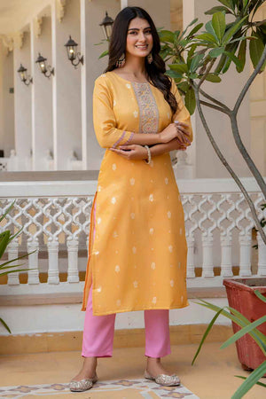 Yellow Embroidered Silk Straight Kurtis