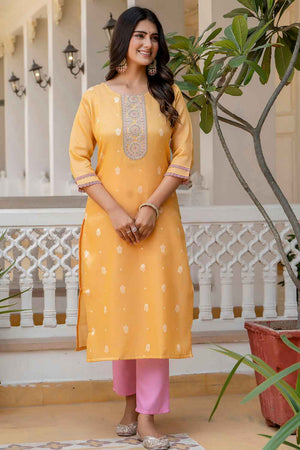 Yellow Embroidered Silk Straight Kurtis