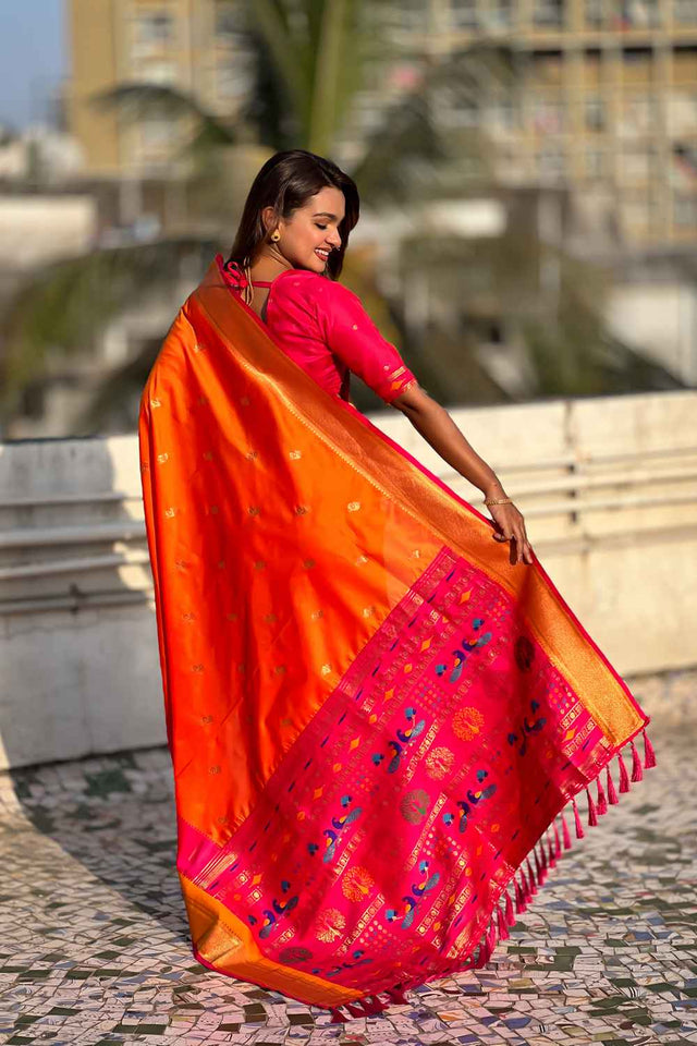 Orange Woven Paithani Silk Saree